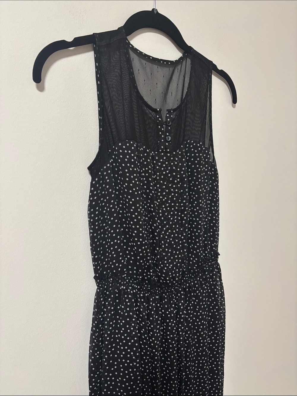 JACOB (XS) Sleeveless Black Polka Dot Midi Dress Mesh Flowy Lined Elastic Waist - Picture 3 of 15